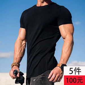 肌肉净版黑色体恤健身丅恤训练上衣纯黑短袖紧身修身型男运动t恤