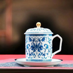 青花瓷金砖杯国宴瓷杯陶瓷会议杯珐琅彩茶杯分离礼品喝水办公杯