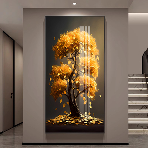 黄金发财树新中式客厅走廊过道尽头挂画镶钻铝合金框玄关装饰画