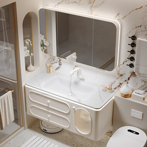 轻法式岩板热弯一体盆浴室柜组合实木烤漆卫生间洗漱台洗脸手盆台