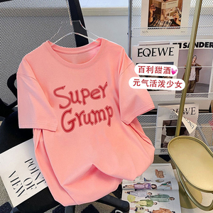 外贸原单撤柜尾货日系甜美粉色短袖T恤女装夏季潮牌印花半袖上衣