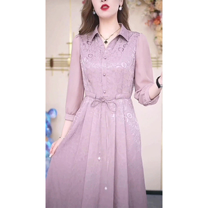 真丝翻领贵夫人五分袖连衣裙夏装2024年新款紫色洋气减龄印花裙子