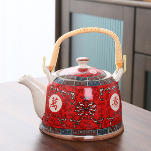 万寿无疆提梁壶茶具套装陶瓷家用生日寿宴随礼大号红色单壶泡茶壶