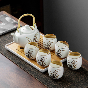 中式提梁壶功夫茶具一套套装家用陶瓷花草绿茶泡茶壶茶杯整套礼盒