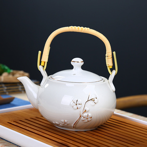 中式白瓷提梁壶简约复古珐琅彩泡茶壶家用陶瓷功夫茶具单壶铜把手