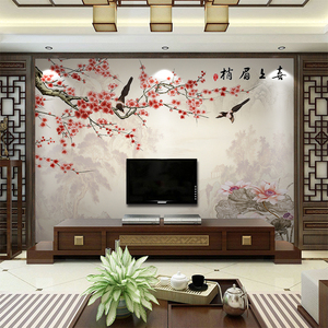 中式花鸟壁纸8d梅花电视背景墙纸喜上眉梢客厅沙发影视大型3d壁画