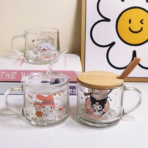 玻璃杯卡通可爱女牛奶杯儿童早餐杯男宝宝水杯家用带吸管盖把手杯