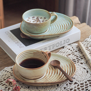 索厨日式复古做旧陶瓷咖啡杯柴烧窑变杯碟水杯拉花甜品杯咖啡杯碟