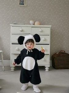 23秋冬新款韩版婴儿连体衣ins熊猫造型包屁衣毛绒加厚带帽哈衣