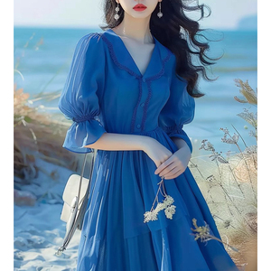 一线品牌外贸原单尾货女法式茶歇绝美蓝色泡泡袖连衣裙气质长裙夏