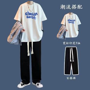 夏季套装短袖T恤男ins潮流帅气衣服一整套搭配休闲直筒裤两件套