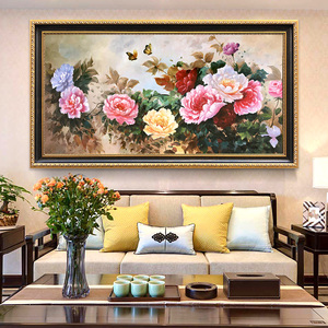 新中式手绘客厅牡丹欧式油画背景墙装饰壁画花开富贵卧室餐厅挂画