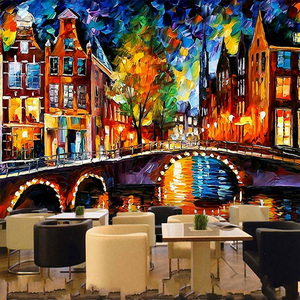 个性艺术油画街景咖啡厅餐厅壁纸创意唯美酒吧酒馆装饰墙纸3d壁画