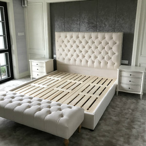 简约现代轻奢米白色主卧床美式1.8米丝绒高靠背卧室实木双人婚床