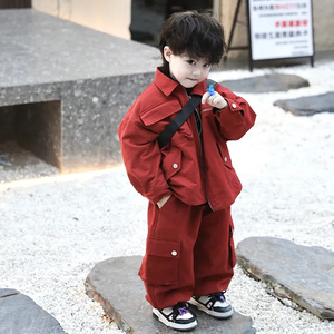 儿童套装冬季新款男女童韩版加绒牛仔外套帅气工装裤红色拜年服潮