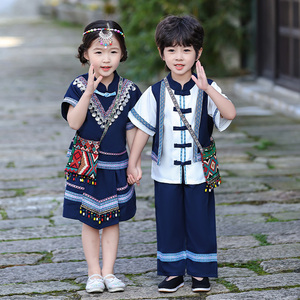 广西三月三民族服装儿童壮服男童彝族少数民族苗族女童舞蹈演出服