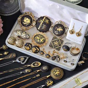 vintage中古项链项坠 日本西班牙传统大马士革工艺手工镶金银花纹