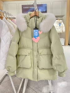 千百惠2023年冬季韩版时尚中长款连帽加厚大毛领小个子反季羽绒服