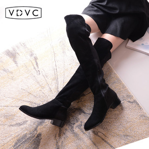 VDVC小众秋高筒过膝长靴瘦腿弹力羊皮平底长筒尖头中跟女靴子3cm