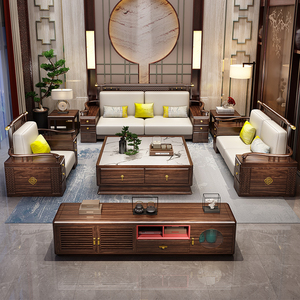 新中式全实木沙发组合2024新款大小户型禅意乌金木高端贵妃椅沙发