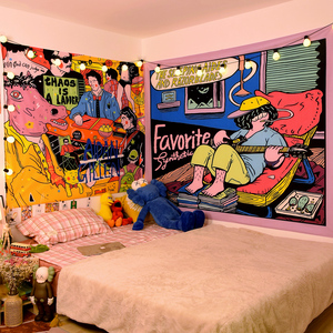 美式卡通背景布 原创插画卧室床头墙布租房改造宿舍装饰挂布挂毯