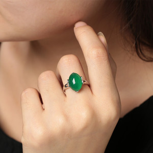 天然开口绿蓝玉髓戒指女925银镶嵌水晶玛瑙活口宝石戒指指环复古