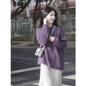 紫色马海毛毛衣女2023秋冬季新款高级感圆领套头加厚针织衫女上衣