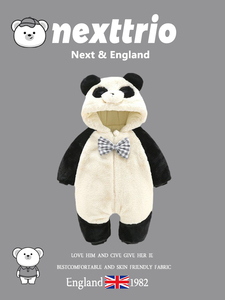 英国Next熊猫连体衣婴儿冬装加厚可爱夹棉爬服男宝宝外出哈衣外套