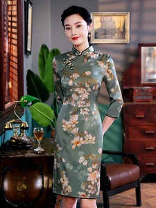 真丝旗袍桑蚕丝高端年轻款杭州丝绸改良版品牌夏七分袖短款连衣裙
