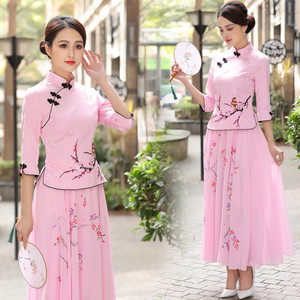 二件套中国风汉服女复古装修身唐装表演少数民族风新中式旗袍上衣
