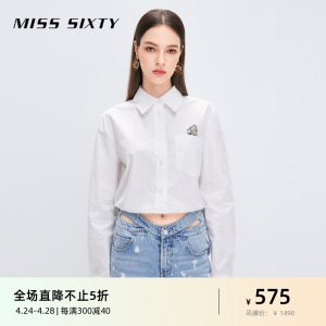 Miss Sixty白色衬衫女卡通兔子绣花叠领抽绳收腰显瘦短款上衣长袖