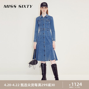 Miss Sixty2023冬季新款牛仔连衣裙女polo领单排扣褶边复古气质