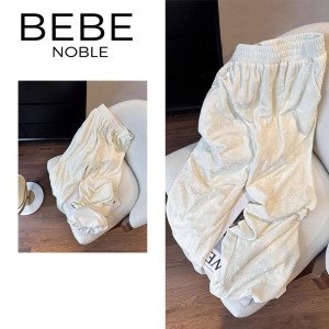 BEBE NOBLE新中式白色丝绒阔腿裤女高级感直筒宽松垂感国风长裤子