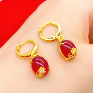 新款仿越南沙金耳环 镀金镶嵌红宝石耳坠气质 仿金饰品女久不掉色