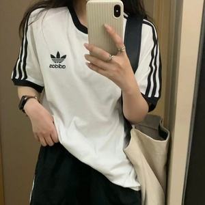 Adidas阿迪达斯三叶草男女经典三条纹黑白圆领休闲短袖T恤情侣