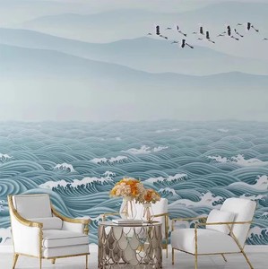 新中式海浪仙鹤壁画背景墙壁纸沙发餐厅茶室样板书房酒店定制墙布