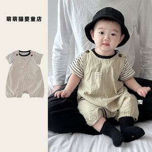 韩版男宝宝衣服夏装婴儿套装背带裤工装连体包屁衣哈衣外出两件套