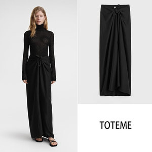 正品代购TOTEME24春夏新款时尚黑色缎面系结廓形修长半身莎笼裙