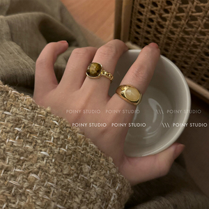 天然石开口戒指复古气质小众设计食指戒时尚个性网红闺蜜指环套装
