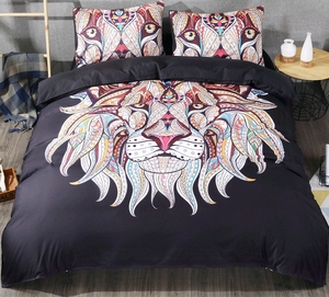 动物狮子图案四件套1.5/1.8m床上用品欧美风男士三件套黑床单被套