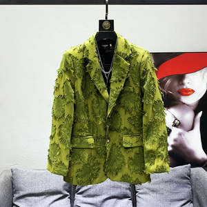 设计款雕花刮烂毛边西服男士韩版春季潮流高级绿色发型师西装外套