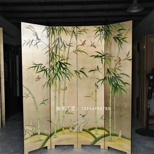 中式手绘金箔竹子屏风漆画隔断客厅卧室简约现代折叠移动遮挡定制