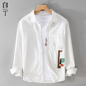 秋季日系涂鸦小众设计高级感休闲长袖衬衫男宽松衬衣寸衫外套白色