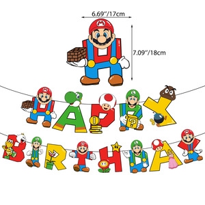 马里奥主题生日快乐拉旗蛋糕装饰插牌卡通图案气球派对用品布置