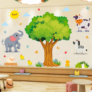 儿童房间装饰墙贴卡通可爱动物大树贴画婴儿早教贴纸幼儿园装饰品