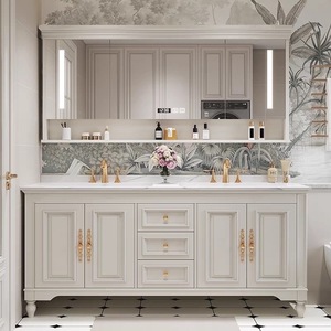 美式实木浴室柜组合岩板无缝陶瓷一体盆卫生间落地双盆洗手池盆柜