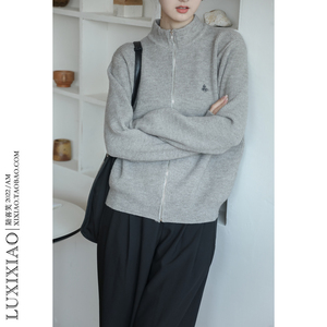 LUXIXIAO毛衣女外套拉链设计感韩版立领开衫针织衫灰色上衣学院风