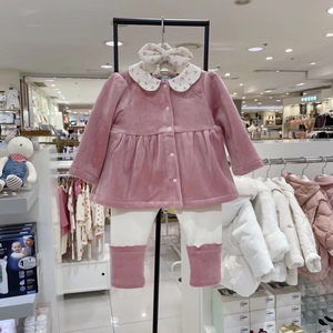 韩国童装 冬新款女童宝甜美花瓣领加绒粉色卫衣 长裤配发带套装