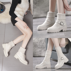 冬季女鞋棉鞋真皮加绒毛线口短靴女白色33码厚底马丁靴英伦风靴子