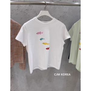 韩国直邮6PENCE东大门代购24春新款ins可爱彩色小鱼圆领短袖T恤女